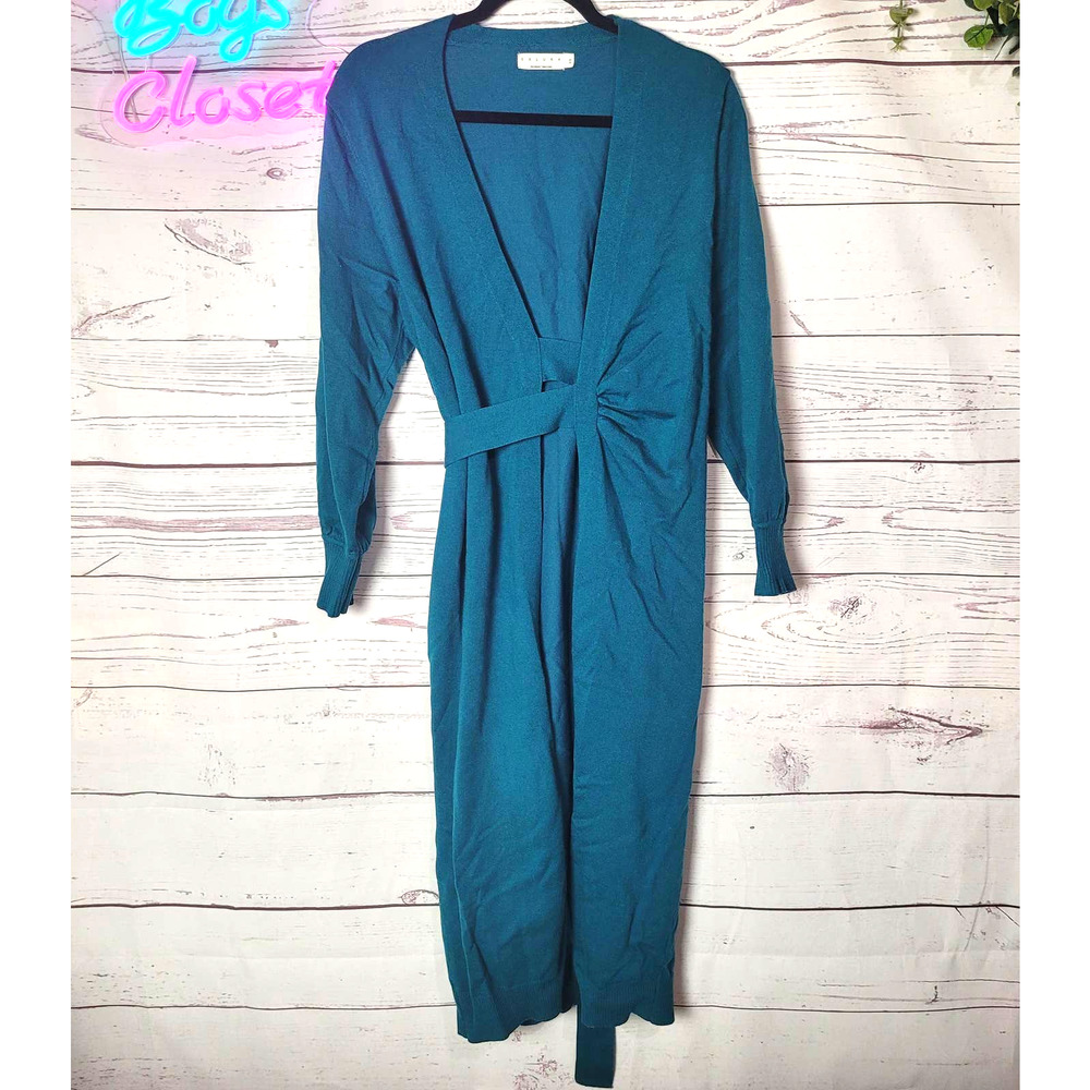 Exlura Green Knit Sweater Side‎ Tie Long Sleeve Wrap Maxi Dress Womans Size XS